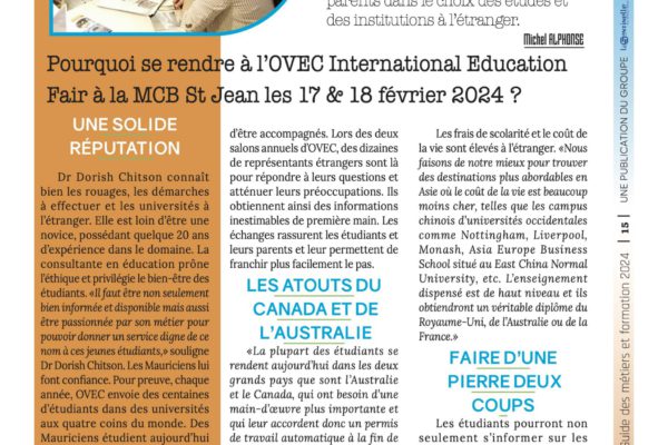 OVEC International Education Fair Feb 2024 In the news – L’express – why attend!