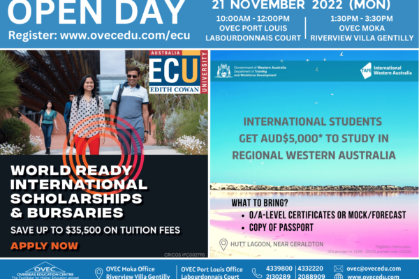 Pre OVEC Fair events – Edith Cowan University & TAFE Western Australia Open Day at OVEC offices – 21st Nov 2022! Scholarships & Bursaries!