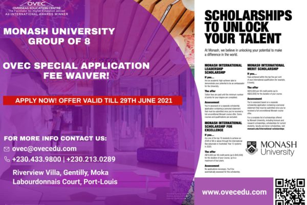 Monash University application fee waiver and scholarship