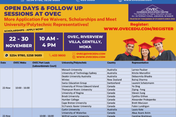 OVEC Open Days: 22 – 30 November 2024 – DO NOT MISS!