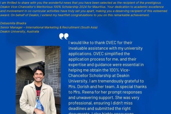 OVEC Student Shreyash Sowaruth wins 100% Vice-Chancellor Scholarships 2024 –  Deakin University