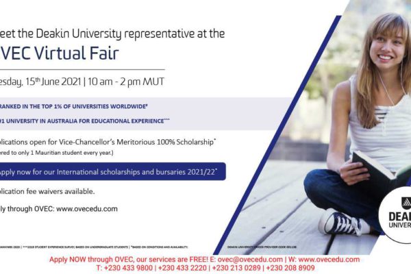 Deakin University at the June 2021 OVEC Virtual Fair – application fee waiver and Scholarships